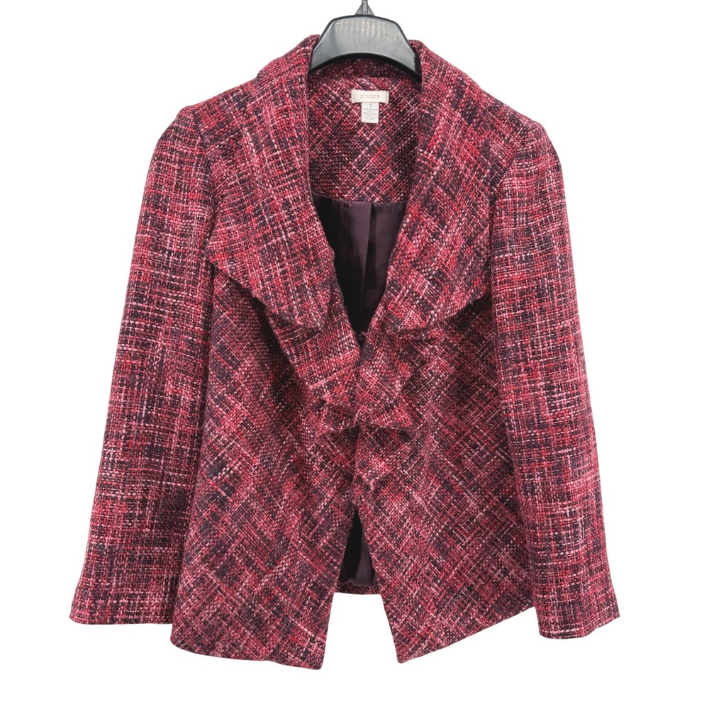 Chico's Ruffle Front Womens 1/Medium Pre-Owned Jacket Red Tweed Bouclé Ruffles